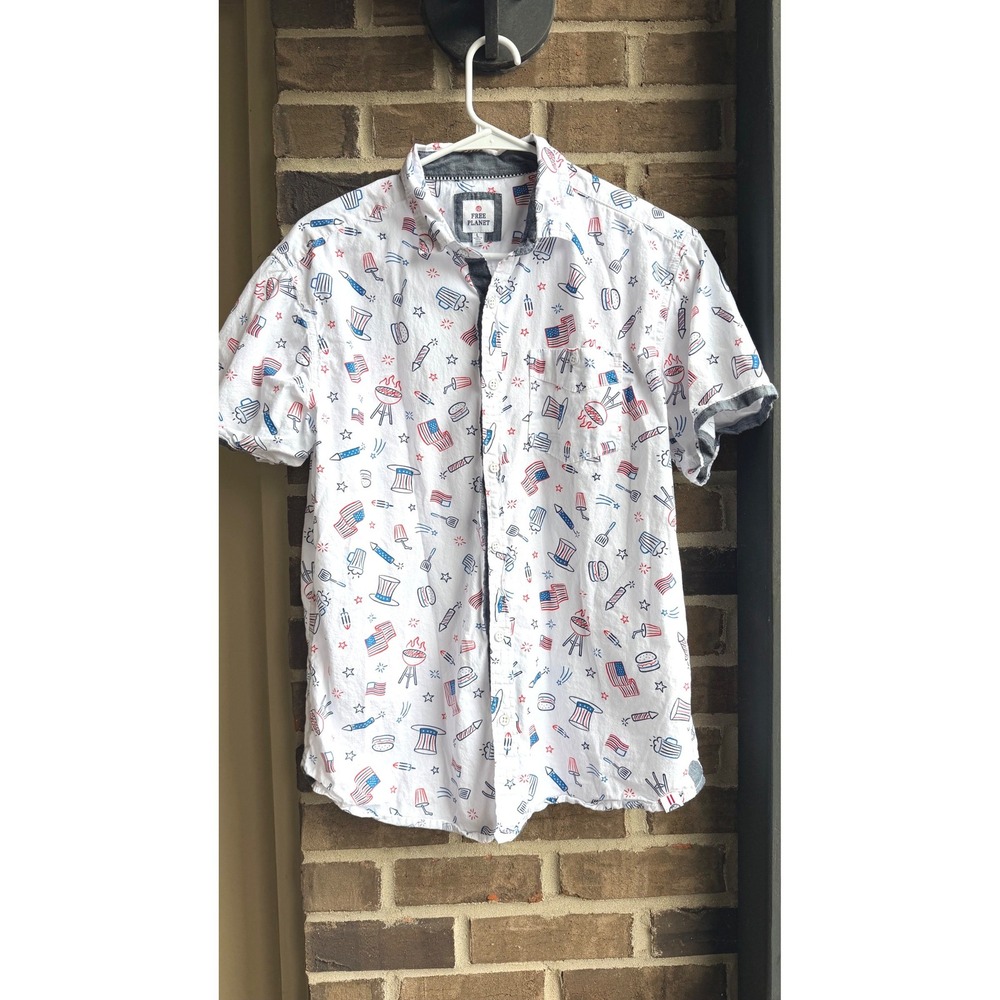 Free Planet‎ Button Up Shirt USA Fourth of July BBQ Novelty Mens Large White